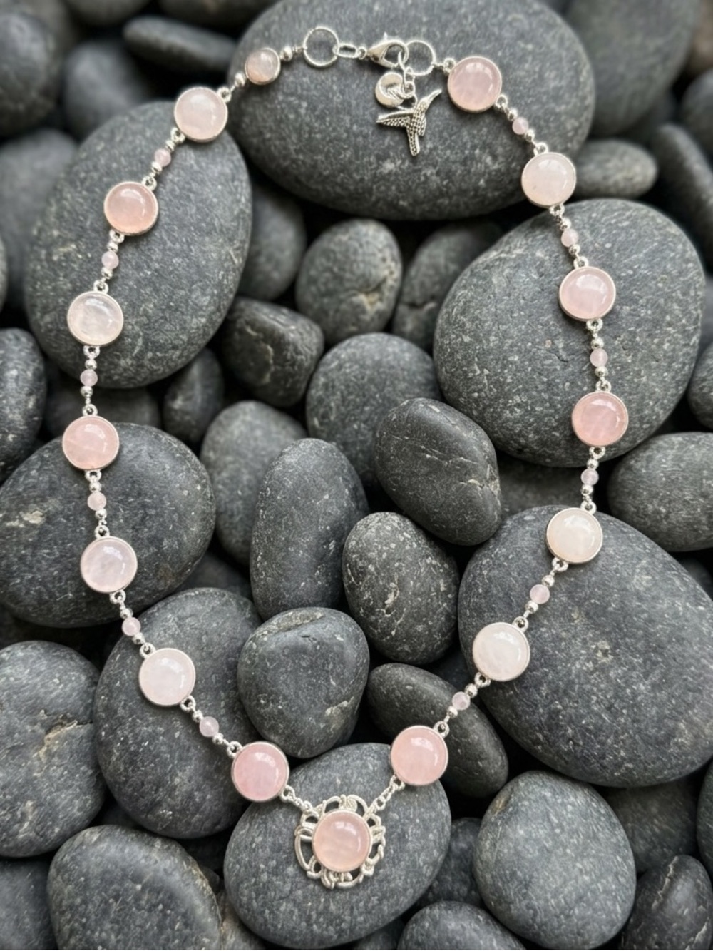 Sterling Silver Rose Quartz Bezel Set Necklace